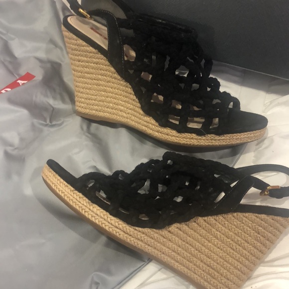 Prada Black Woven Wedge Sandals, 7.5 - Picture 3 of 8